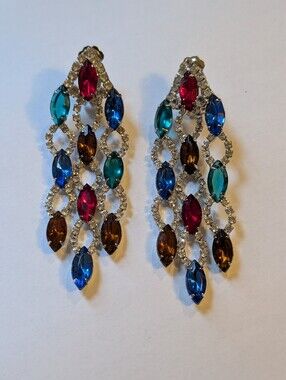 Vtg Kenneth Jay Lane Chandelier Earrings Signed Multi Color Rhinestone Dangle